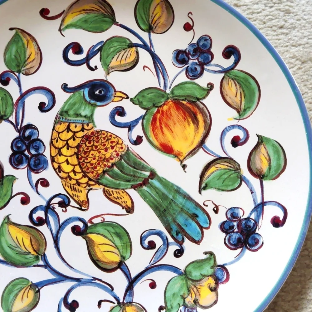 Sur La Table Hand-Painted Bird & Fruit Ceramic Plate — Blue, Green, Yellow
